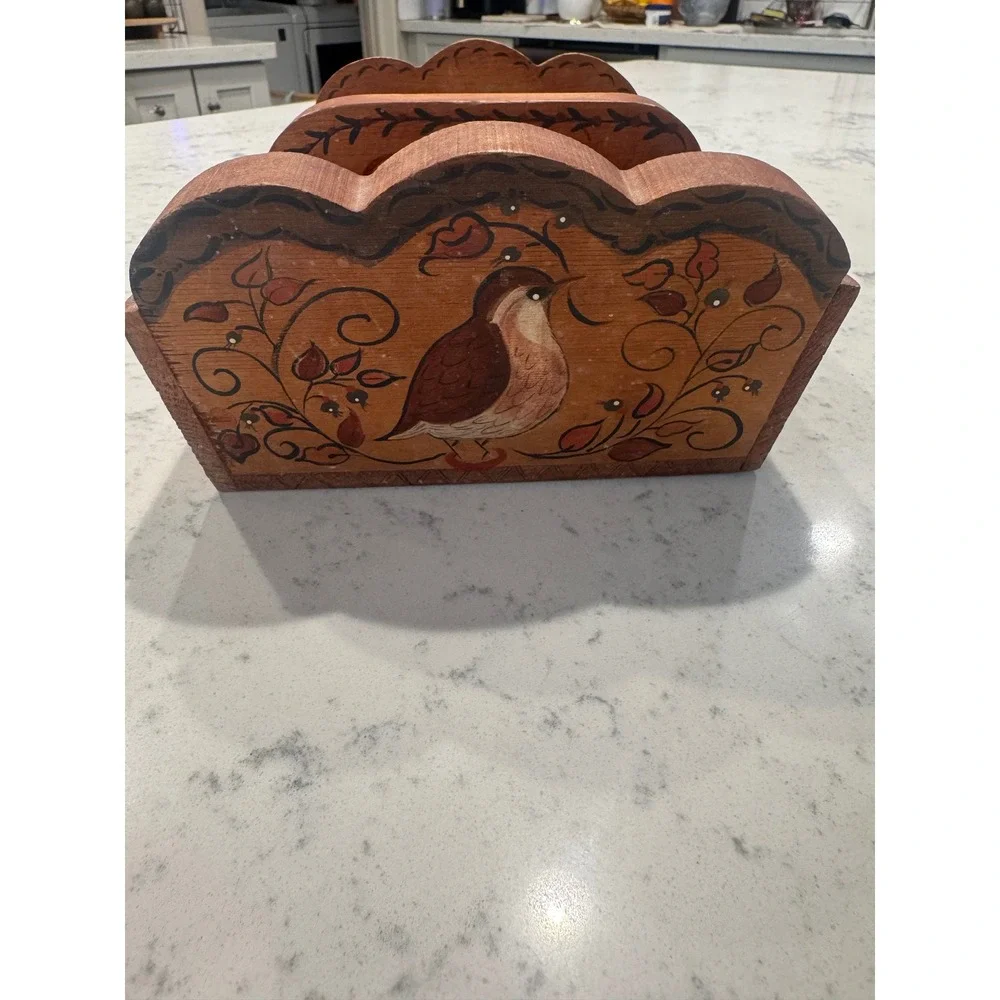 Vintage Folk Art Hand Painted Wooden Caddy Bird Floral Scalloped Tool Box Box